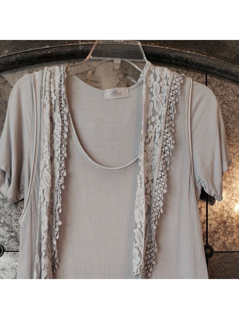 #0281 - Baylee Lace-Trim Scoop Neck Blouse in Light Gray